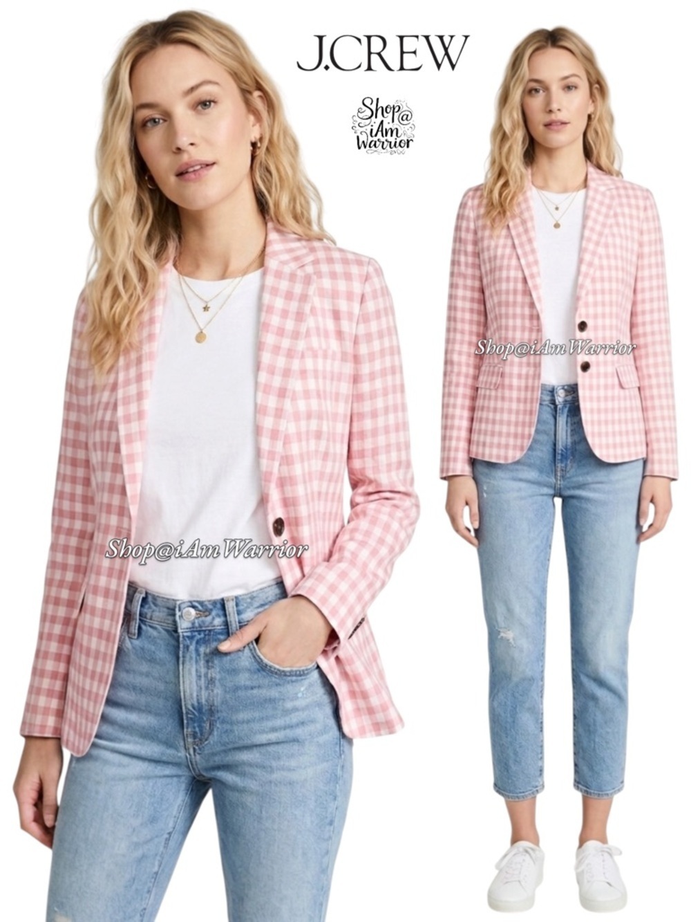 J.Crew cotton candy pink gingham one button linen blazer *shop@iamwarrior